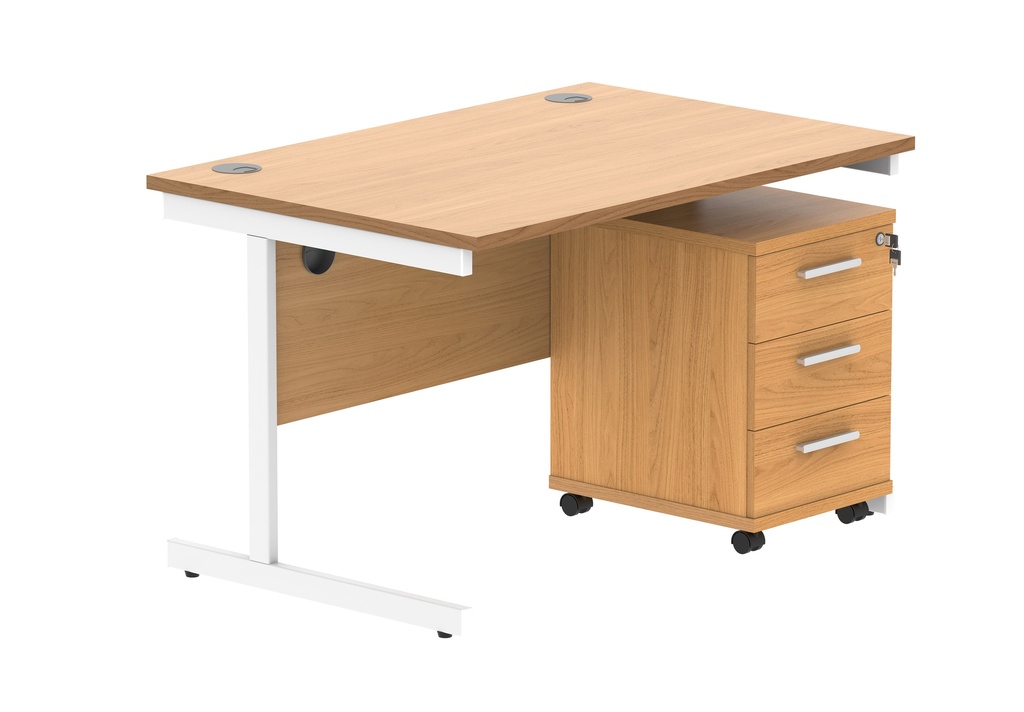 Single Upright Rectangular Desk + 3 Drawer Mobile Under Desk Pedestal (FSC) | 1200 X 800 | Norwegian Beech/White