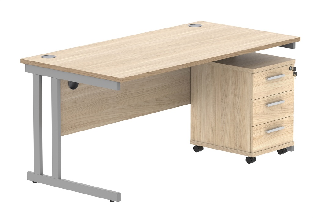 Double Upright Rectangular Desk + 3 Drawer Mobile Under Desk Pedestal (FSC) | 1600X800 | Canadian Oak/Silver