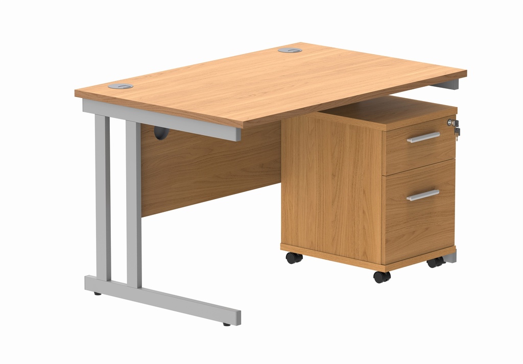 Double Upright Rectangular Desk + 2 Drawer Mobile Under Desk Pedestal (FSC) | 1200X800 | Norwegian Beech/Silver