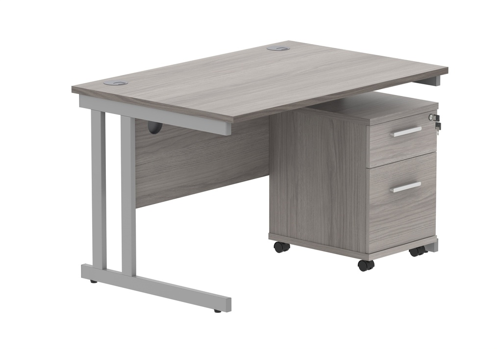 Double Upright Rectangular Desk + 2 Drawer Mobile Under Desk Pedestal (FSC) | 1200X800 | Alaskan Grey Oak/Silver