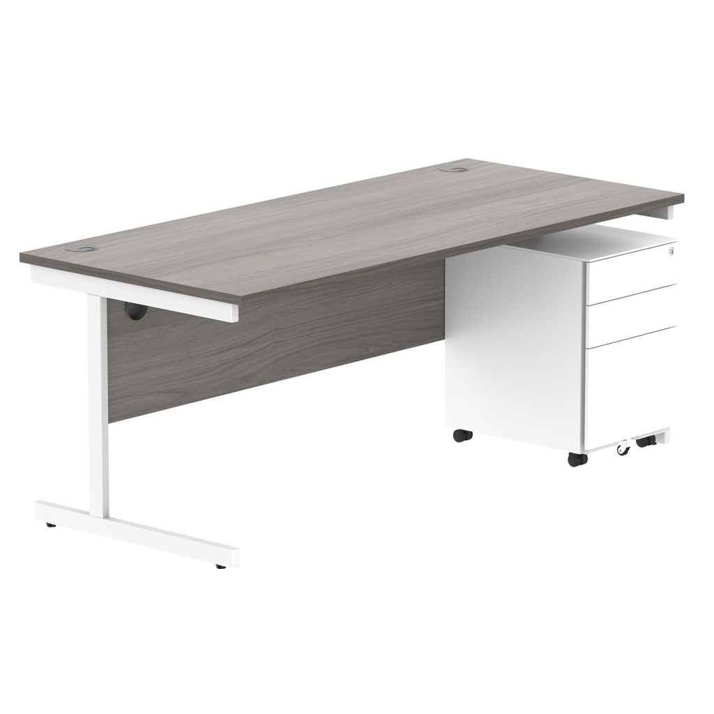 CORE Single Upright Rectangular Desk + Under Desk Steel Pedestal 3 Drawers (FSC) | 1800 X 800 | Alaskan Grey Oak/White