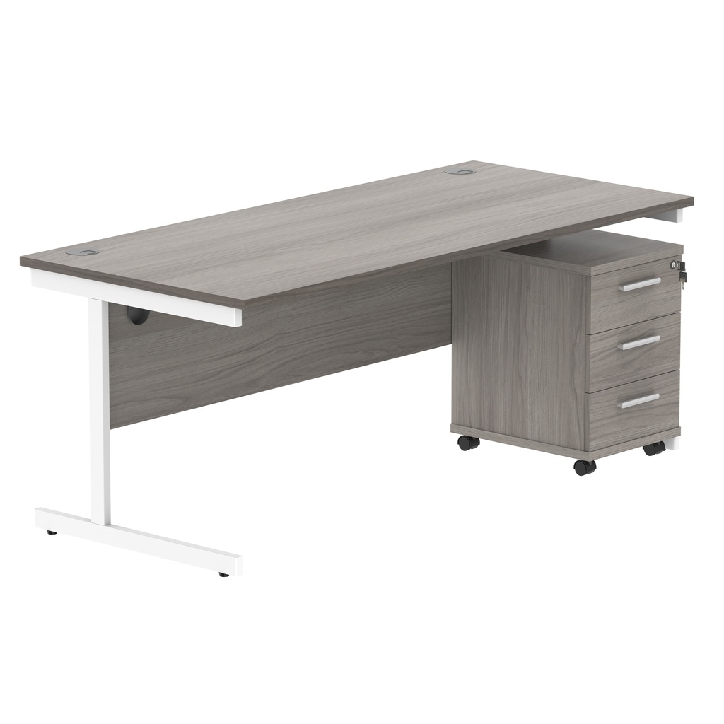 Single Upright Rectangular Desk + 3 Drawer Mobile Under Desk Pedestal (FSC) | 1800 X 800 | Alaskan Grey Oak/White