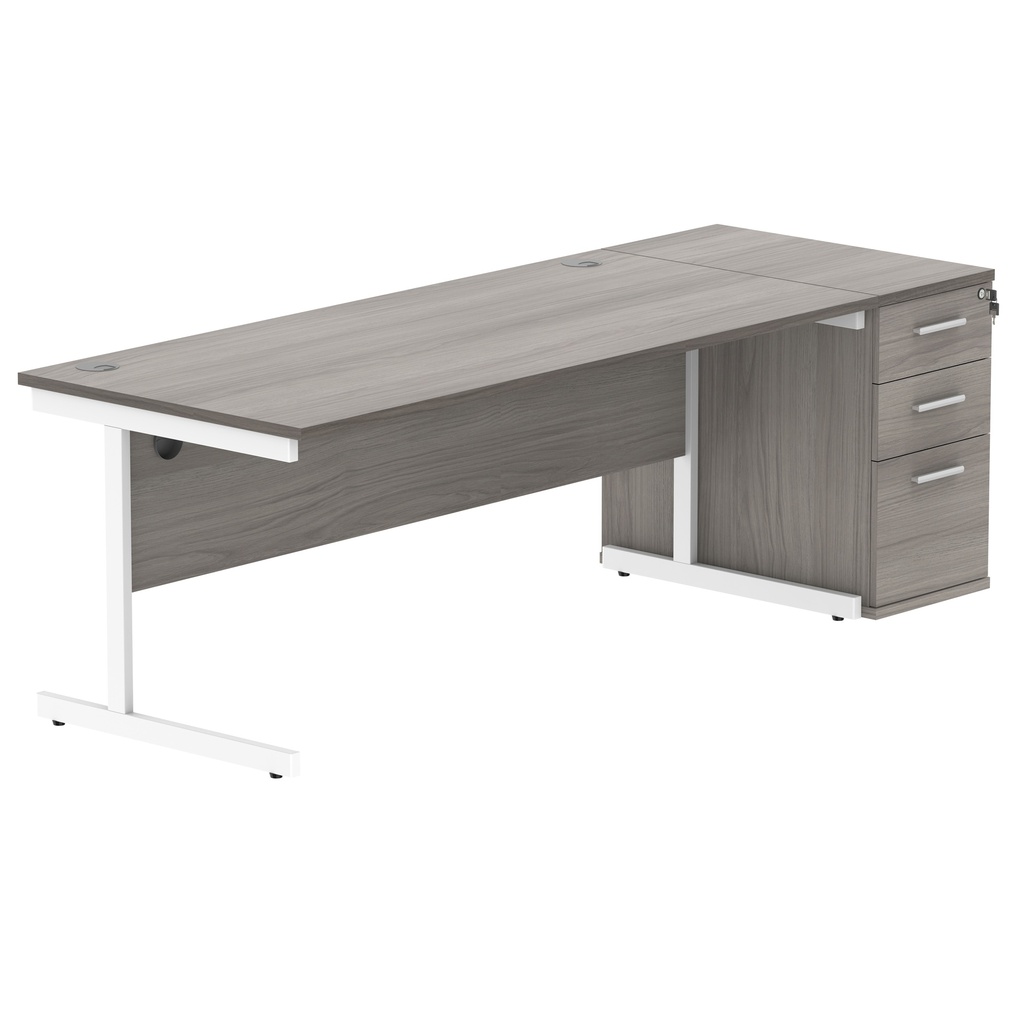 Single Upright Rectangular Desk + Desk High Pedestal (FSC) | 1800 X 800 | Alaskan Grey Oak/White
