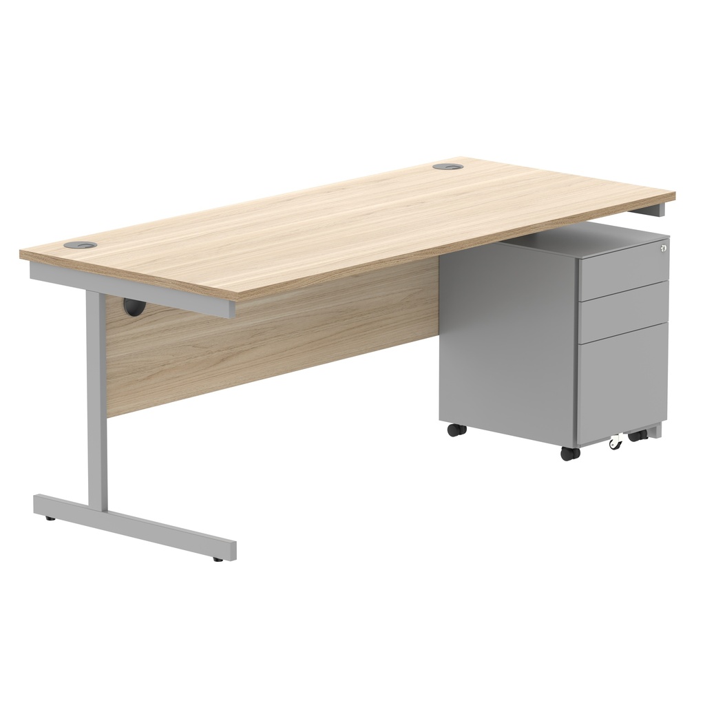 CORE Single Upright Rectangular Desk + Under Desk Steel Pedestal 3 Drawers (FSC) | 1800 X 800 | Canadian Oak/Silver