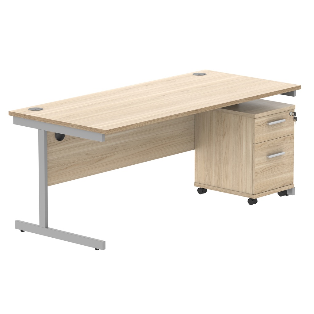 Single Upright Rectangular Desk + 2 Drawer Mobile Under Desk Pedestal (FSC) | 1800 X 800 | Canadian Oak/Silver