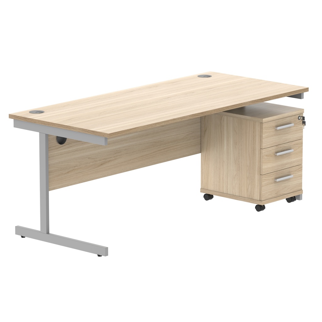 Single Upright Rectangular Desk + 3 Drawer Mobile Under Desk Pedestal (FSC) | 1800 X 800 | Canadian Oak/Silver