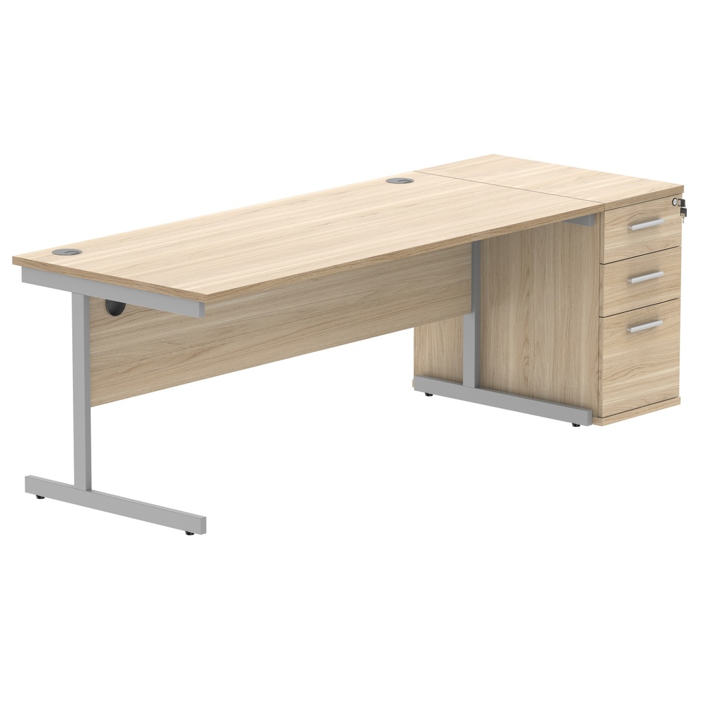 Single Upright Rectangular Desk + Desk High Pedestal (FSC) | 1800 X 800 | Canadian Oak/Silver