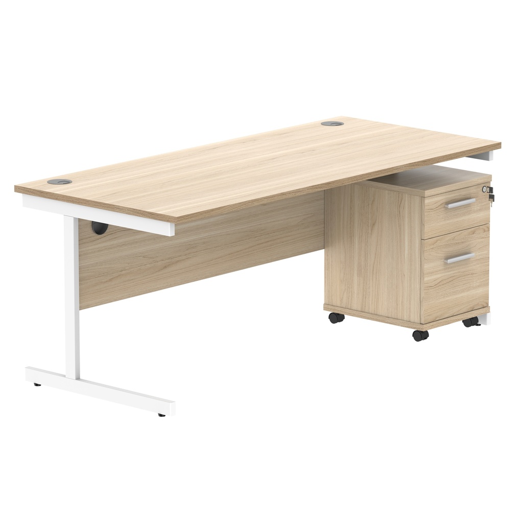Single Upright Rectangular Desk + 2 Drawer Mobile Under Desk Pedestal (FSC) | 1800 X 800 | Canadian Oak/White