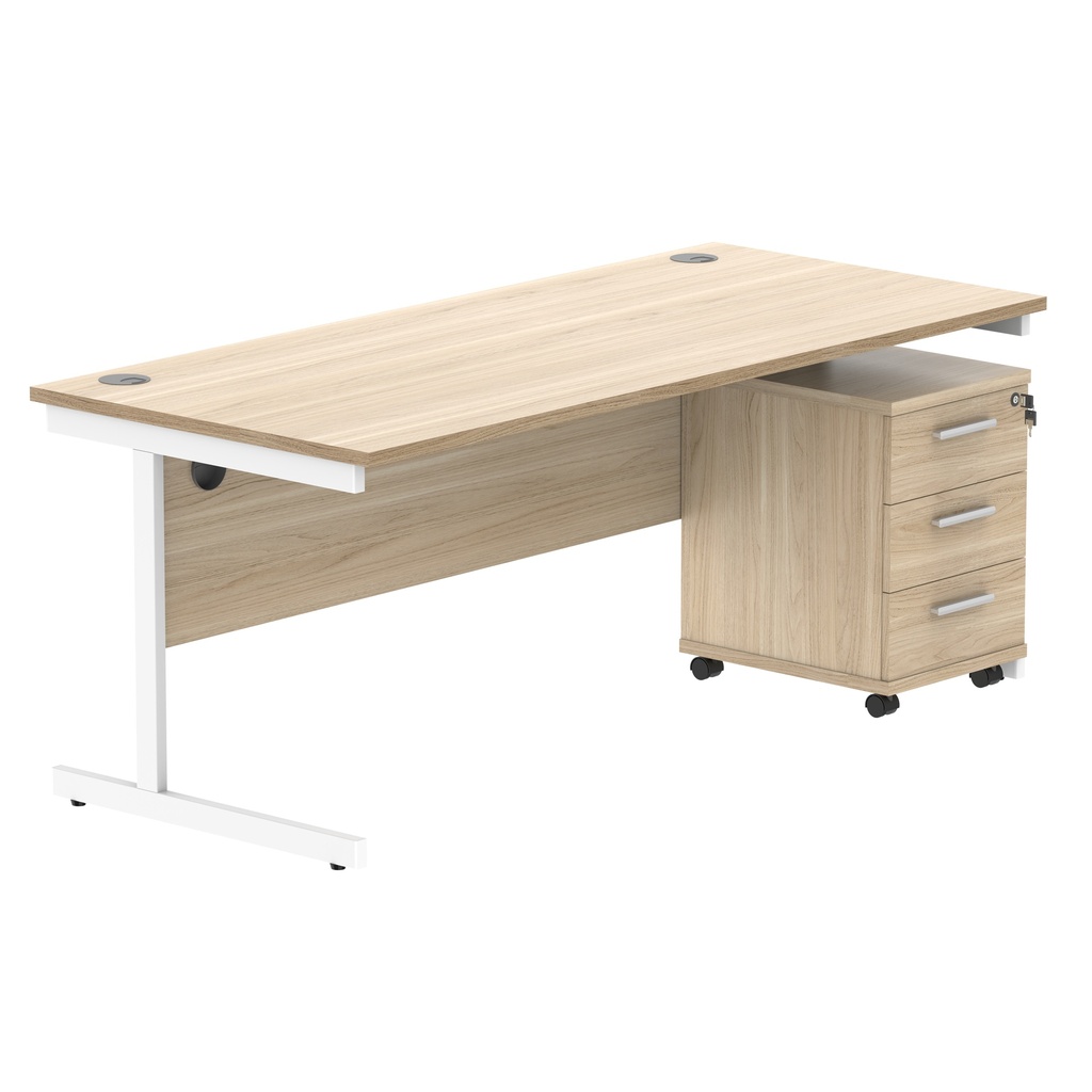 Single Upright Rectangular Desk + 3 Drawer Mobile Under Desk Pedestal (FSC) | 1800 X 800 | Canadian Oak/White