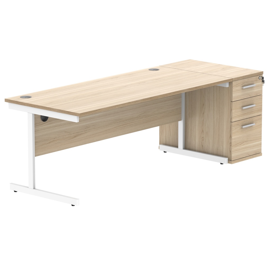 Single Upright Rectangular Desk + Desk High Pedestal (FSC) | 1800 X 800 | Canadian Oak/White