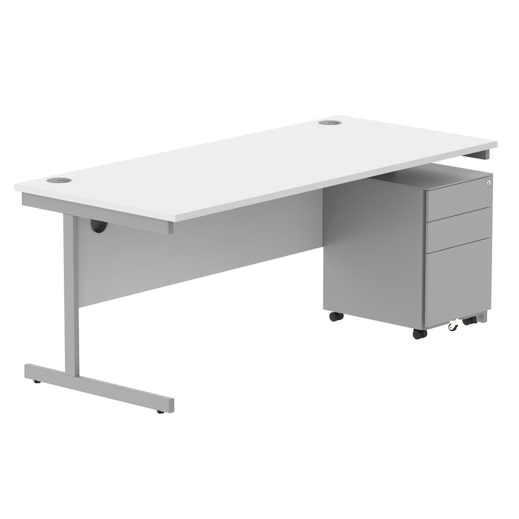 CORE Single Upright Rectangular Desk + Under Desk Steel Pedestal 3 Drawers (FSC) | 1800 X 800 | Arctic White/Silver