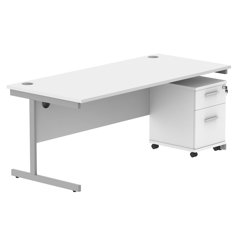 Single Upright Rectangular Desk + 2 Drawer Mobile Under Desk Pedestal (FSC) | 1800 X 800 | Arctic White/Silver