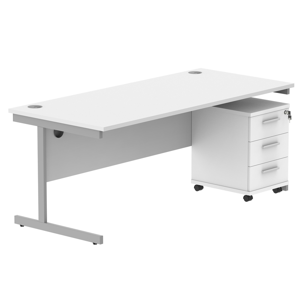 Single Upright Rectangular Desk + 3 Drawer Mobile Under Desk Pedestal (FSC) | 1800 X 800 | Arctic White/Silver