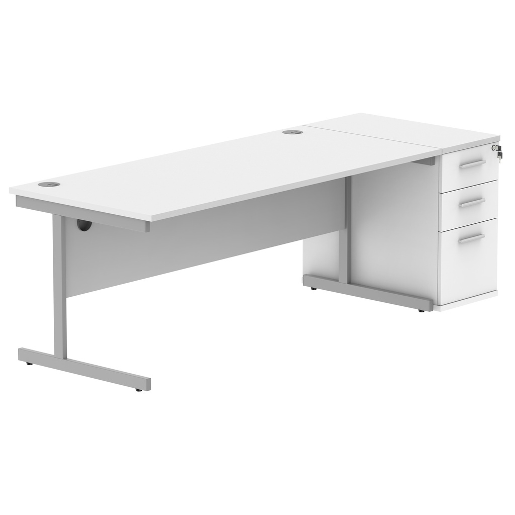 Single Upright Rectangular Desk + Desk High Pedestal (FSC) | 1800 X 800 | Arctic White/Silver
