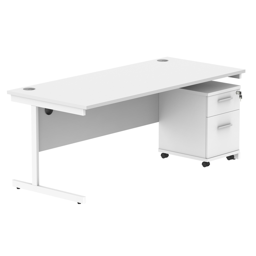 Single Upright Rectangular Desk + 2 Drawer Mobile Under Desk Pedestal (FSC) | 1800 X 800 | Arctic White/White